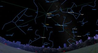 an illustration of the night sky showing the moon near a bright cluster of stars