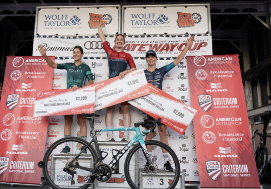 2025 American Criterium Cup final podium for top 3 individual women (L to R): Andrea Cyr (Fount Cycling Guild) on second place, overall winner Aline Seitz (UTC Butcherbox Cycling p/b LOOK) and Rylee McMullen (Virginia’s Blue Ridge Twenty28) on third place