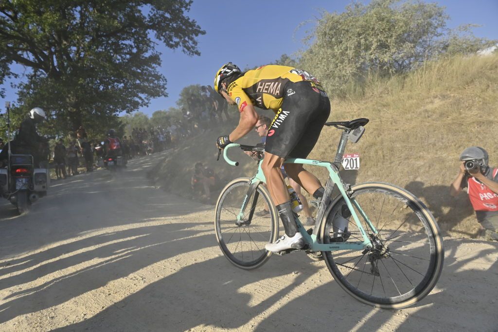 Belgian Wout Van Aert of Team JumboVisma rides and leads during the Strade Bianche one day cycling race 184km men from and to Siena Italy Saturday 01 August 2020BELGA PHOTO DIRK WAEM Photo by DIRK WAEMBELGA MAGAFP via Getty Images