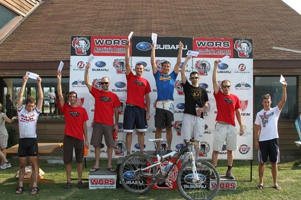 The elite men's podium. Nathan Guerra (Mr. Tree/PowerBar) was followed by Darrin Braun (Adventure 212/Specialized), Brian Matter (Gear Grinder/Trek), teammates Mike Phillips, Ryan Krayer and Chris Pearison (Adventure 212/Specialized), Seth Lenss (Titletown Flyers) and Matt Gehling (Trek Stores of Madison).