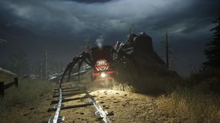 A steam locomotive with a grinning, toothy face and the legs of a spider from video game Choo-Choo Charles.