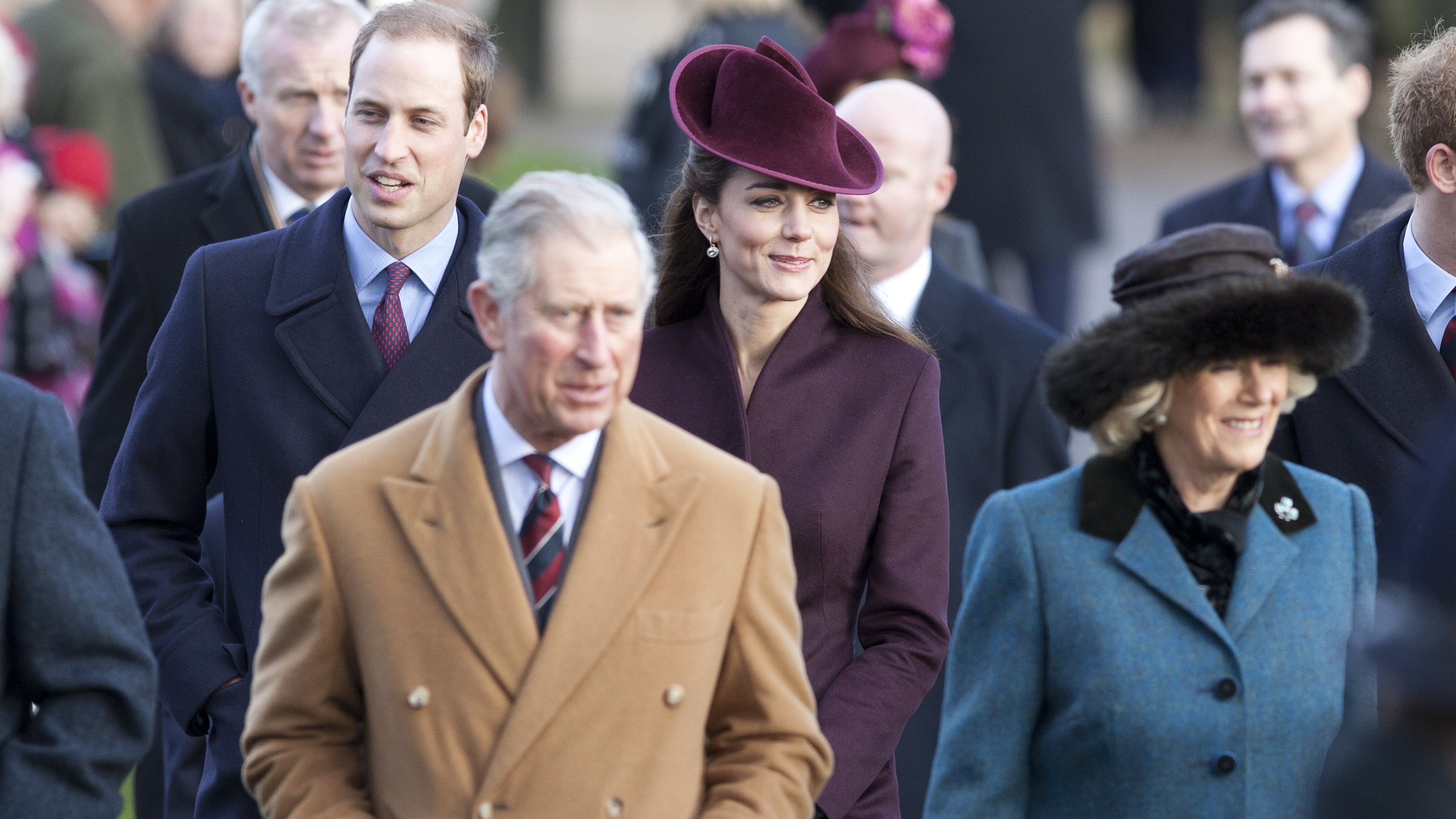 King Charles, Queen Camilla, Prince William and Princess Catherine walk to church on Christmas Day in 2011