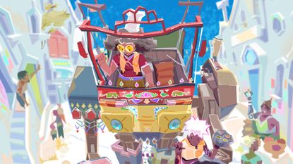 Samara and Amani stand in their Goddess food truck mech in Dosa Divas key art, cooking up a big meal for surrounding villagers