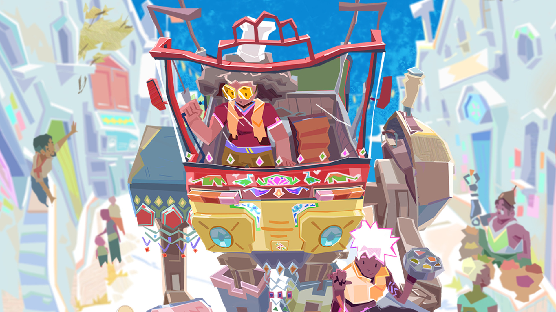Samara and Amani stand in their Goddess food truck mech in Dosa Divas key art, cooking up a big meal for surrounding villagers