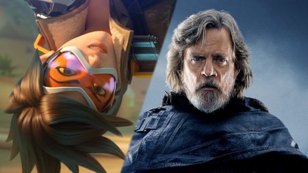 A photo illustration of Tracer from Overwatch and Luke from Star Wars; The Last Jedi.