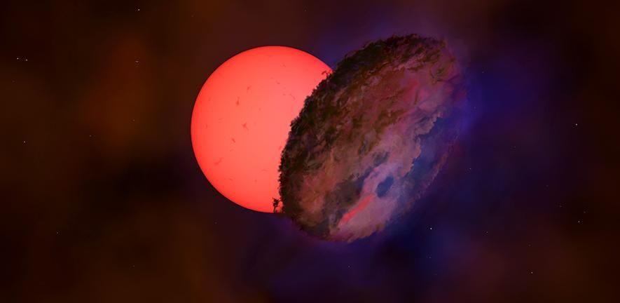 An artist&#039;s depiction of a massive star and a debris-shrouded companion that could explain strange observations of an object dubbed VVV-WIT-08.