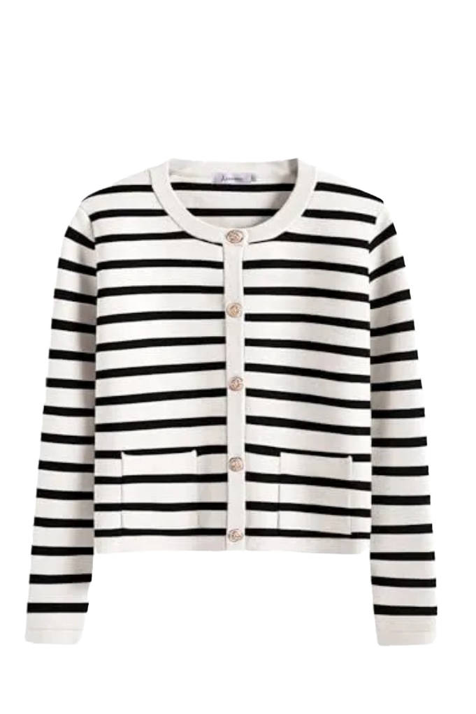 Anrabess Women Striped Cardigan Sweaters Button Down Cropped Knit Lady Jackets Coat 2025 Fall Outfits Spring Trendy Clothes White and Black Medium