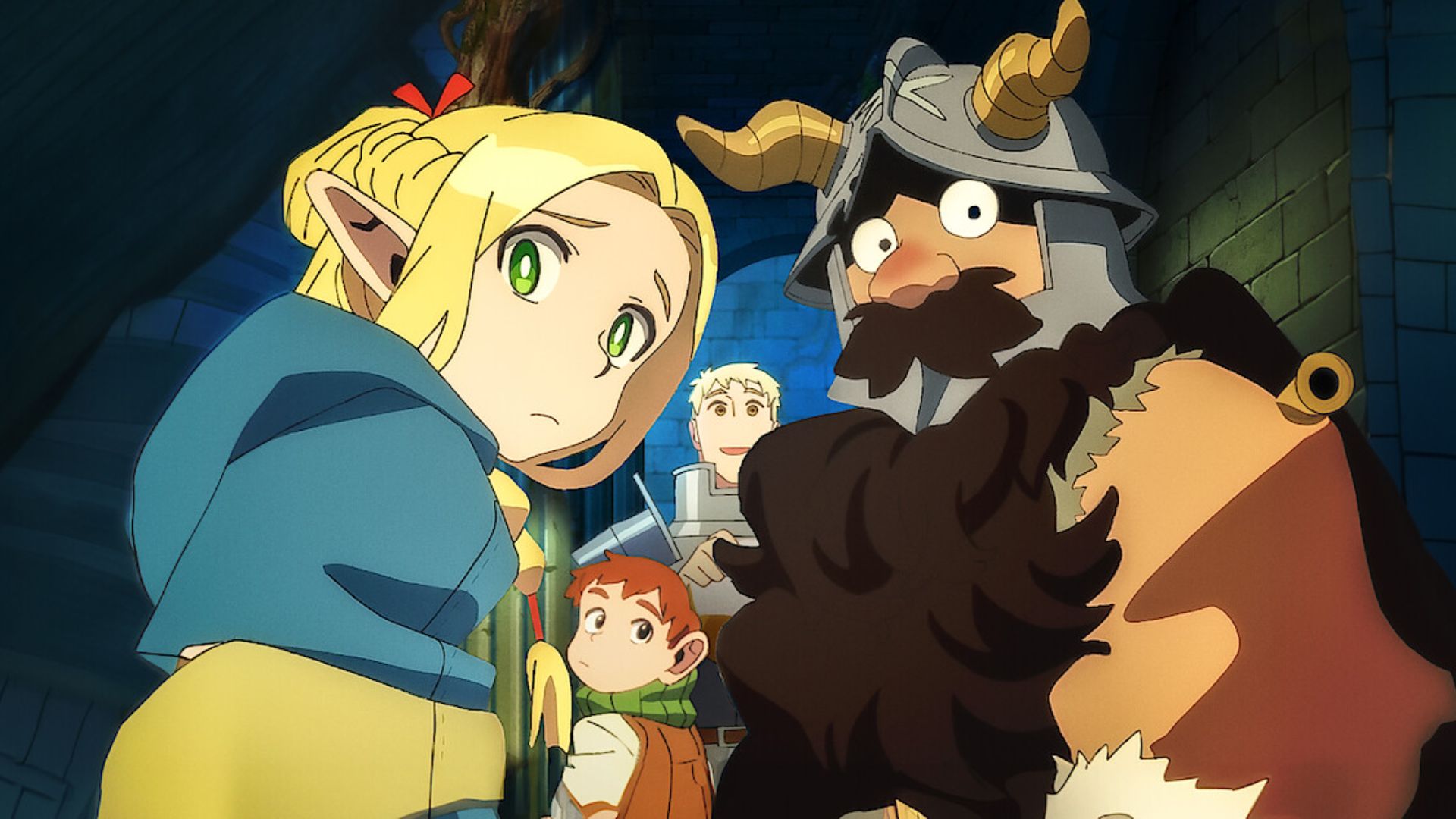 Marcille and Senshi looking confused with Chilchuck and Laios in the background
