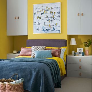 Yellow bedroom with built in cupboards