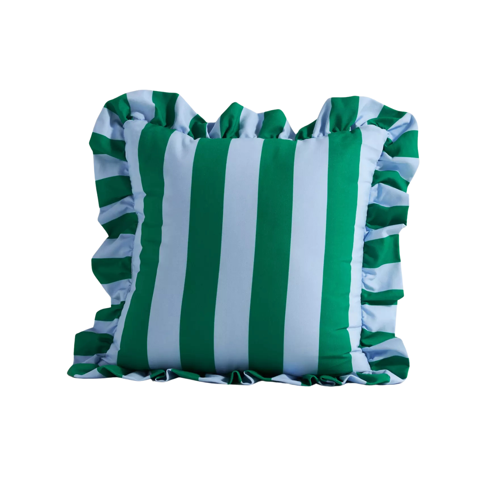 a blue and green striped indoor outdoor cushion with ruffles