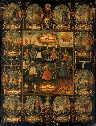 An oil painting of the dance of death from medieval plays and folk rituals in Europe