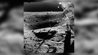 astronaut John W. Young collects lunar samples at the rim of Plum Crater.