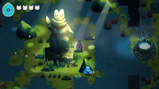 Crypt Custodian screenshot shows Pluto the cat standing nearby a big statue of a frog while a smaller frog called Pebble sweeps