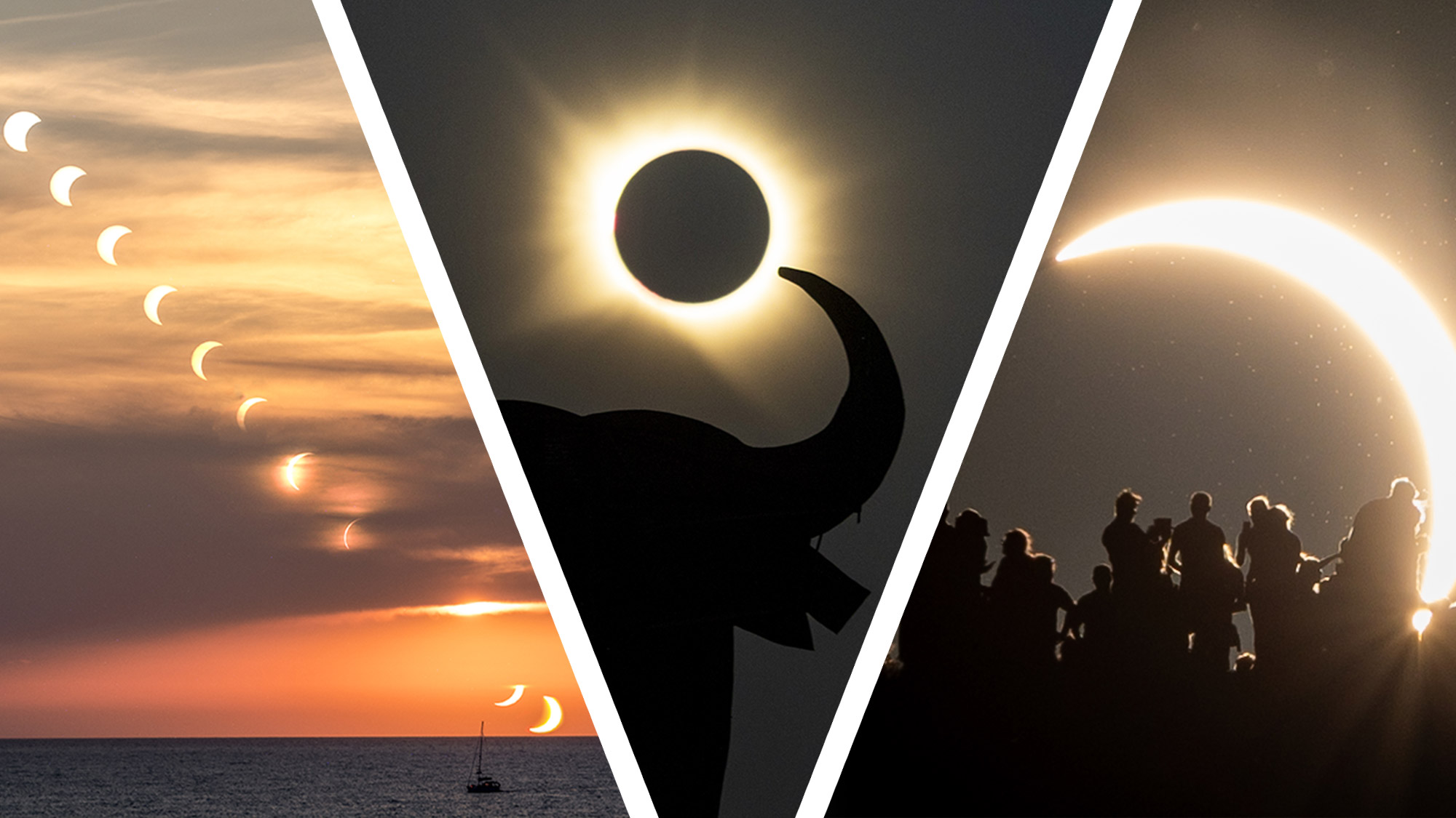 A collage image of three solar eclipse 2026 photos 