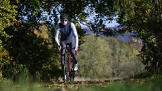 Man riding a red Cervelo Caledonia up a leafy lane wearing a light blue jersey and dark blue gilet