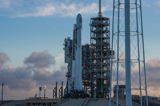 The SpaceX Falcon 9 rocket carrying the classified NROL-76 spy satellite for the U.S. National Reconnaissance Office stands atop Launch Pad 39-A at NASA's Kennedy Space Center ahead of a planned May 1, 2017 liftoff.