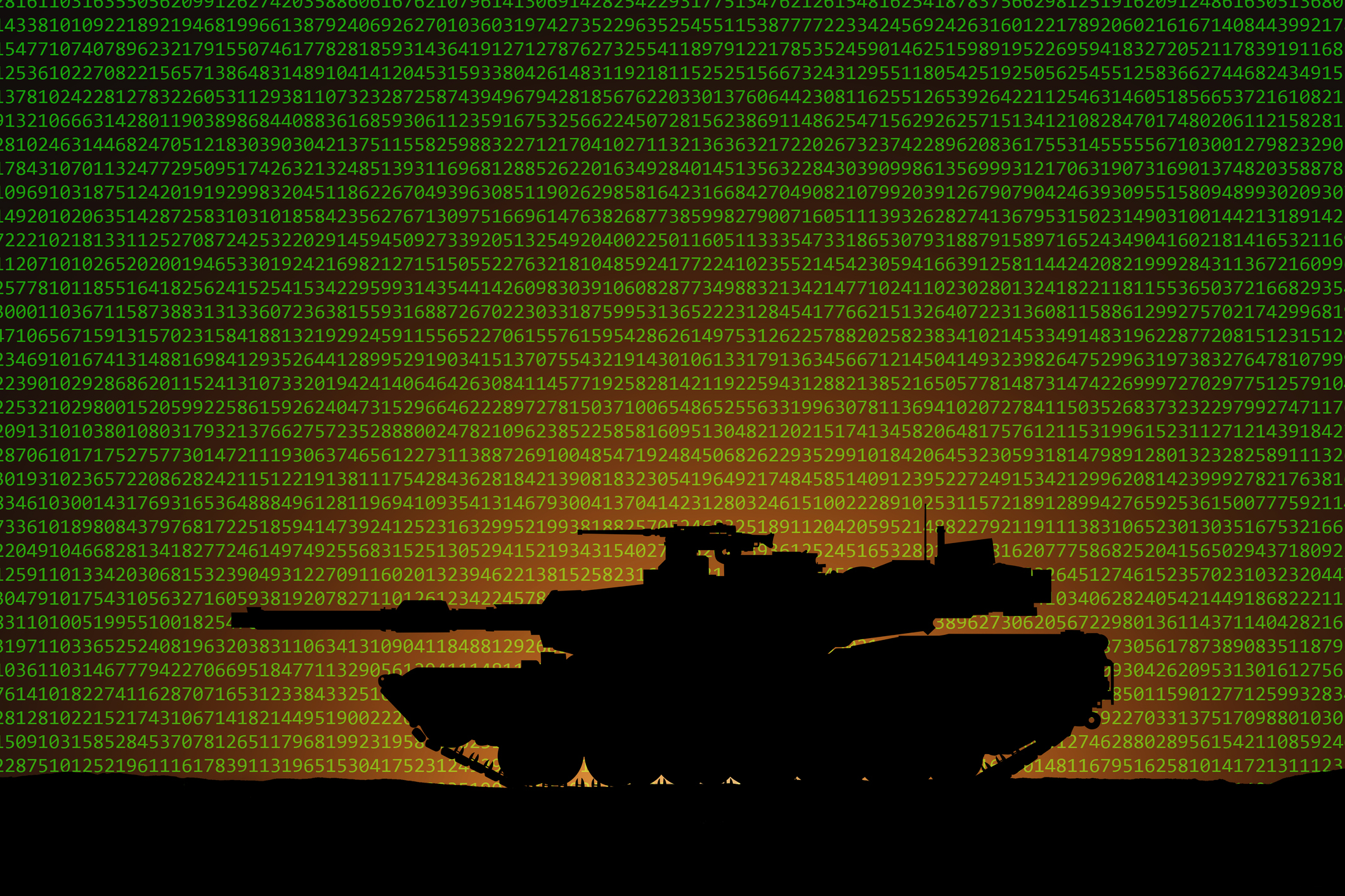 A shadow of an armored tank with green computer code all around it.
