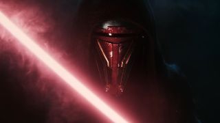 Still from the video game Star Wars: Knights of the Old Republic. Close up of a menacing hooded masked person wielding a red lightsaber.