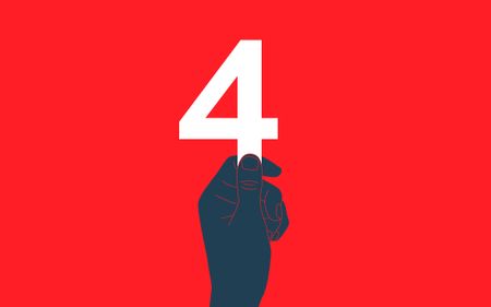 An illustration of a dark blue hand holding a white &ldquo;4&rdquo; sign on a solid red background. 