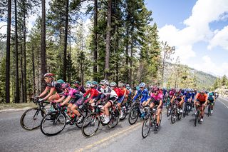 The peloton hits the first climb of the day during stage 2 of the Amgen Tour of California Women's Race