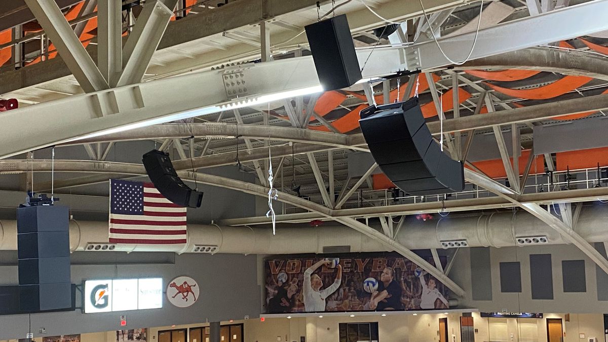 Loudspeakers hung in the rafters at Campbell University.