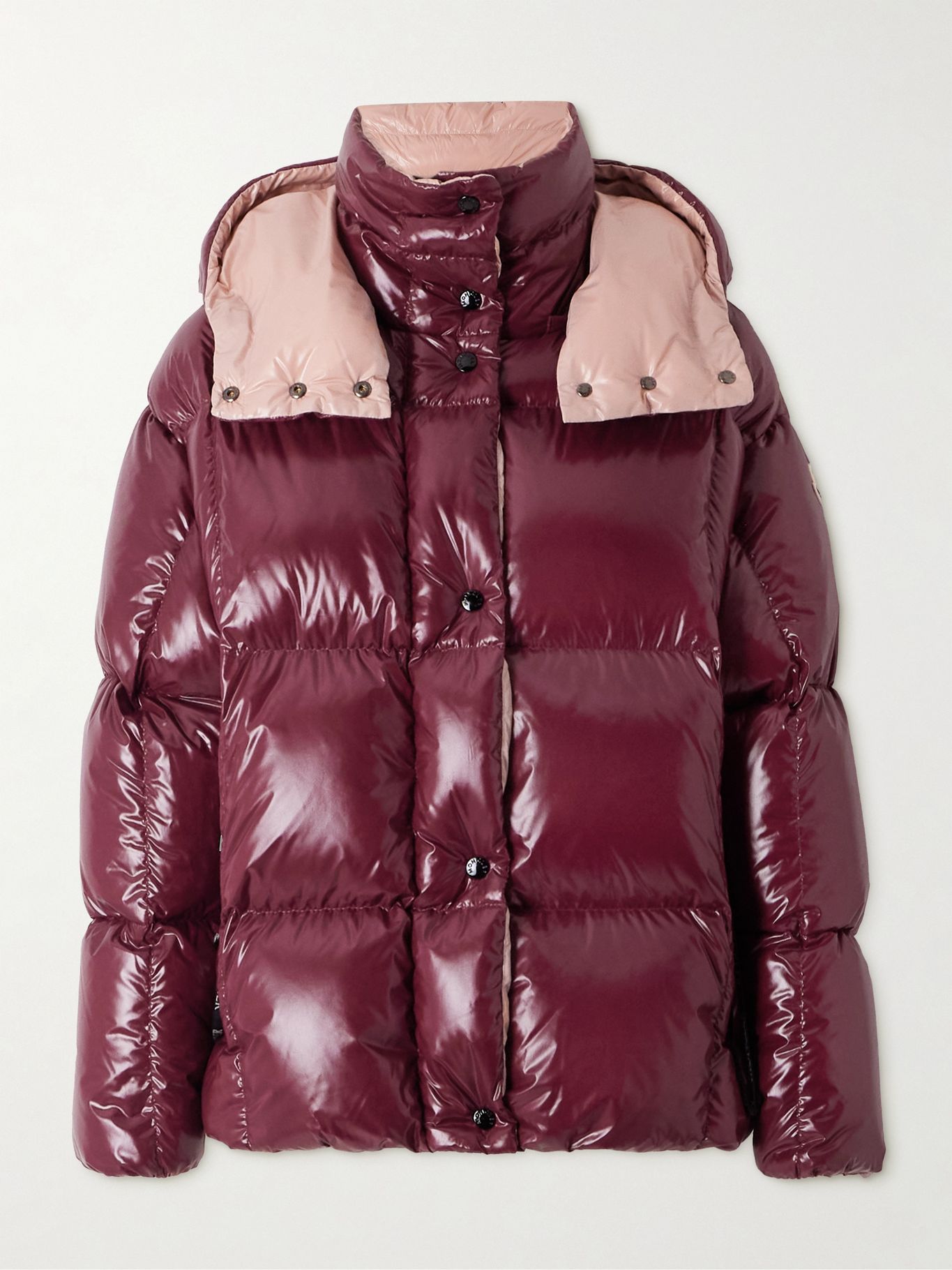 a pink and red moncler puffer jacket