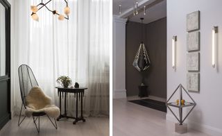 Brittain’s lighting pieces in brass and coloured glass