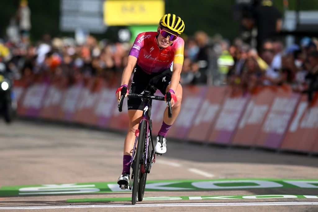 LE MARKSTEIN FRANCE JULY 30 Demi Vollering of Netherlands and Team SD Worx crosses the finish line during the 1st Tour de France Femmes 2022 Stage 7 a 1271km stage from Slestat to Le Marksteinc TDFF UCIWWT on July 30 2022 in Le Markstein France Photo by Dario BelingheriGetty Images
