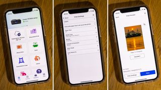 A trio of images showing various stages of printing using the Canon Print app on an Apple iPhone 12 mini