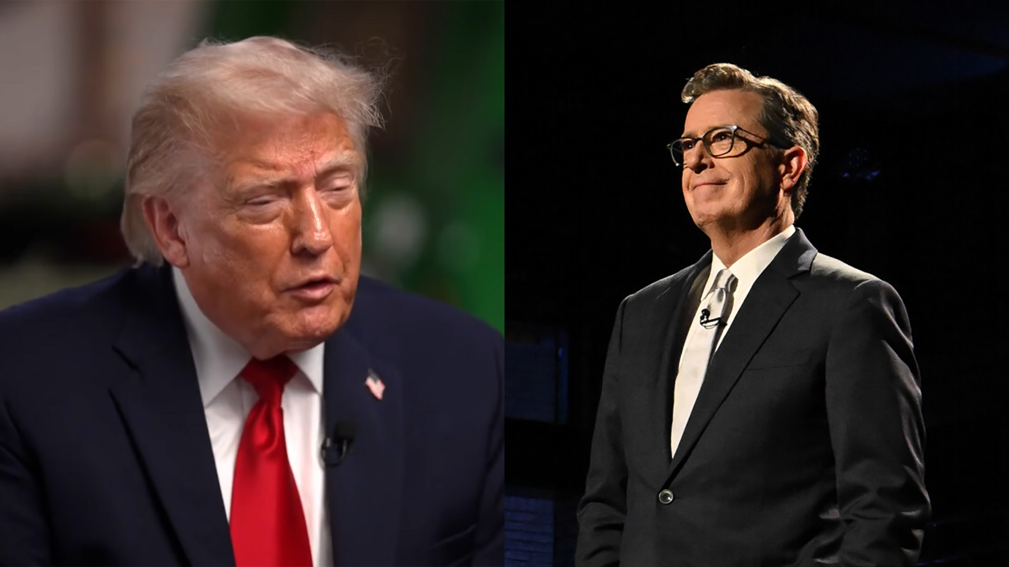 A screenshot of Donald Trump and a press image from one of the final days on The Late Show side-by-side. 
