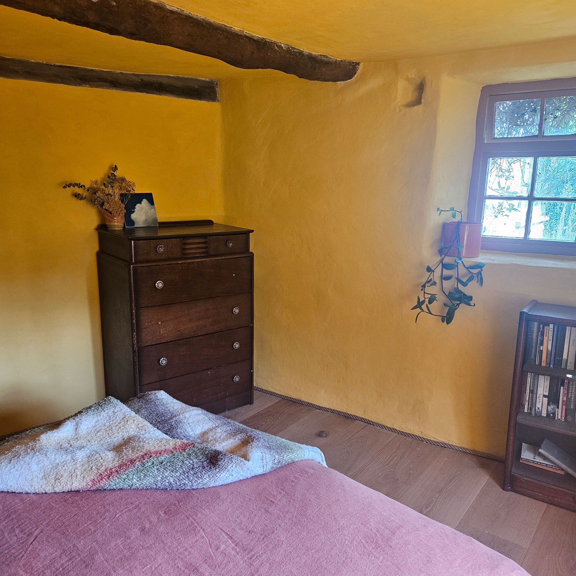 Yellow limewashed room with rope skirting board and brown wood furniture