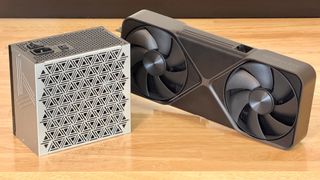 A Montech Century II 1200W PSU next to an RTX 5090