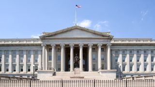 The building of the United States Department of the US Treasury on Pennsylvania Avenue, Washington, DC