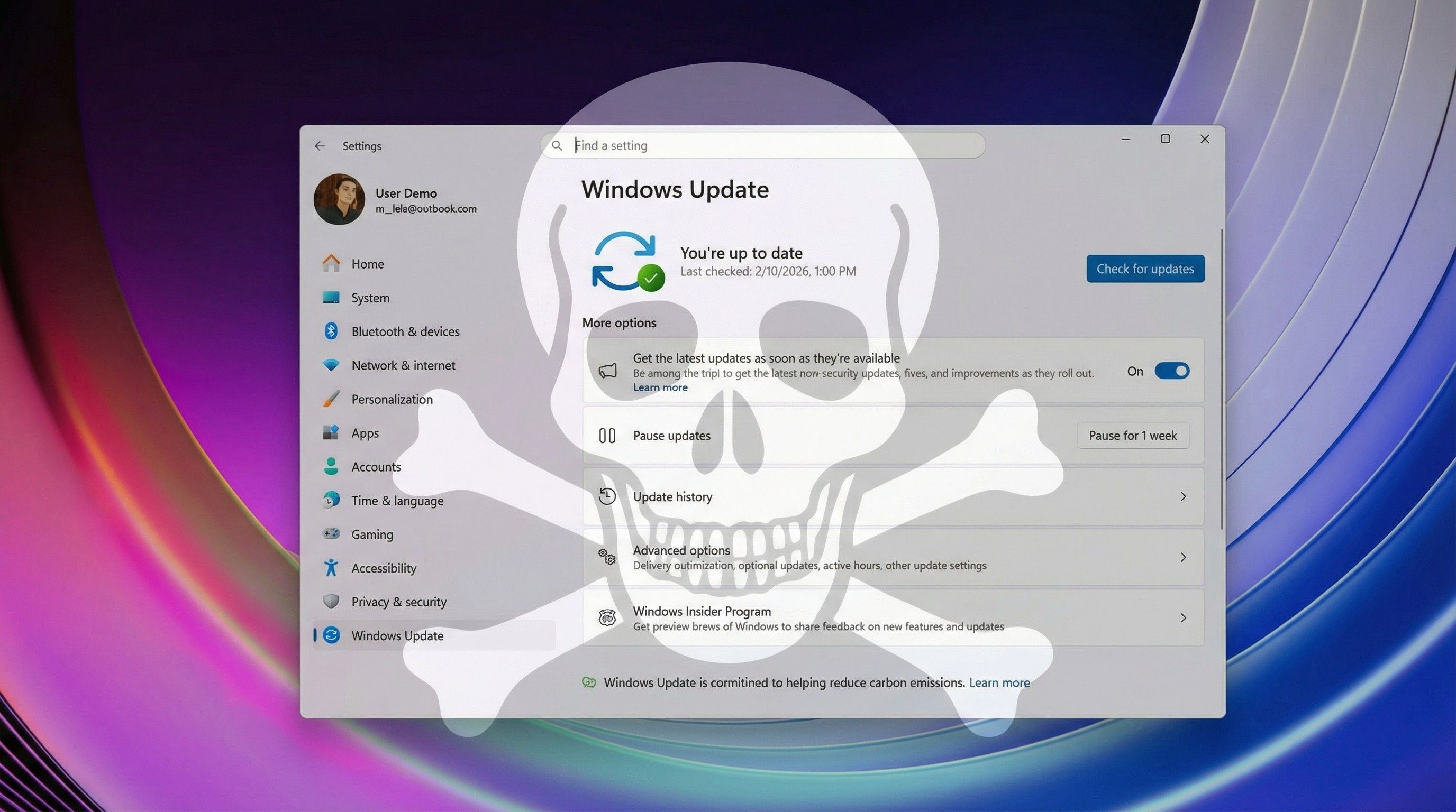 Screenshot of Windows 11 settings with a skull and crossbones overlay
