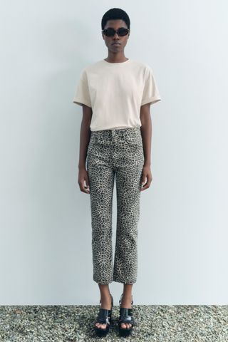 Zw Collection Boot-Cut Cropped High-Waist Jeans With Print