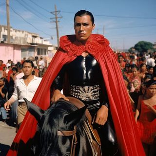 A person wearing a red cape on a horse