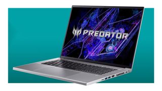 The Acer Predator Triton Neo 16 gaming laptop on a green/blue deals background