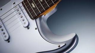 Detail of a PRS Silver Sky electric guitar with a Tungsten finish, taken on March 13, 2018.