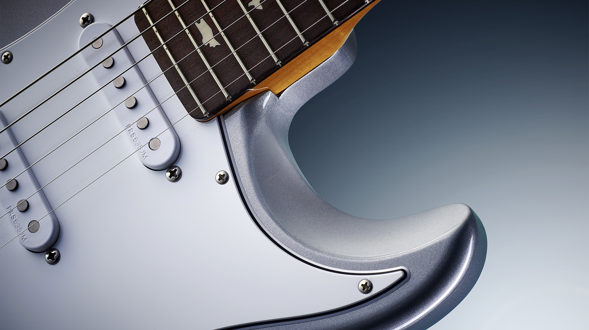 Detail of a PRS Silver Sky electric guitar with a Tungsten finish, taken on March 13, 2018.