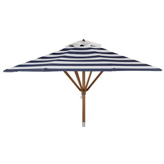 A striped patio umbrella