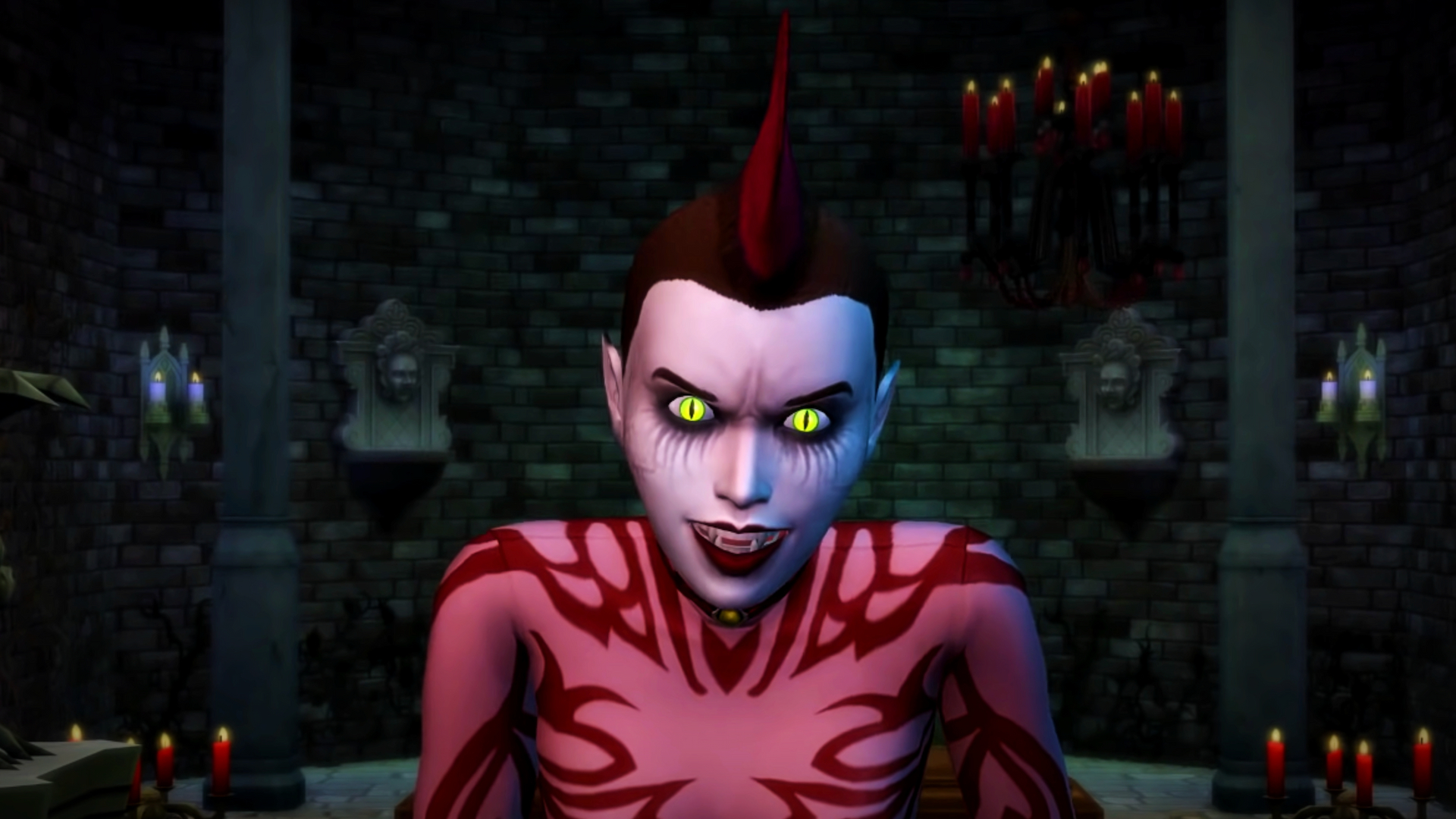 Tangkapan layar dari trailer The Sims 4 Vampires menunjukkan seorang wanita muda dengan mohawk merah dan mata bersinar menatap lurus ke depan, dengan taringnya terlihat