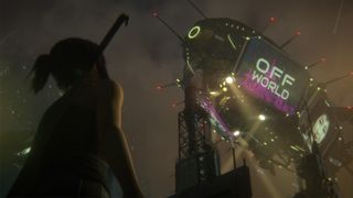 A woman looks up at an airship in a futuristic city in Blade Runner 2049.