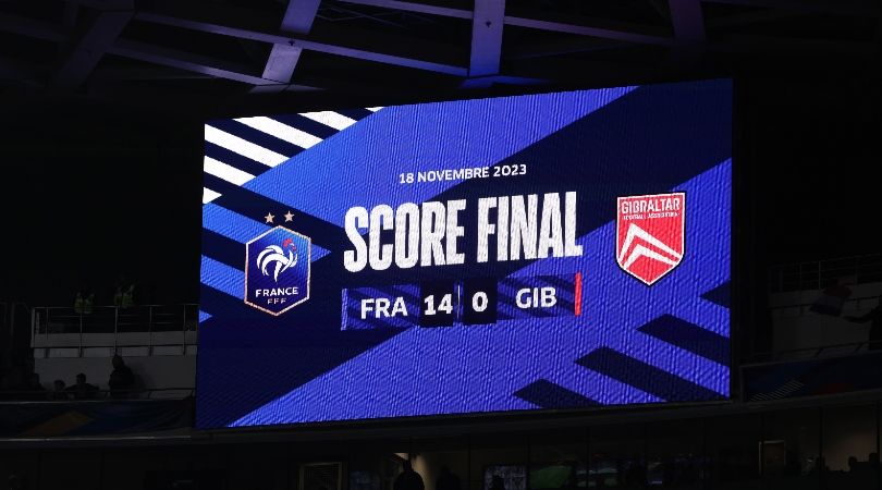 The scoreboard in Nice showing France&#039;s record 14-0 win over Gibraltar in November 2023.