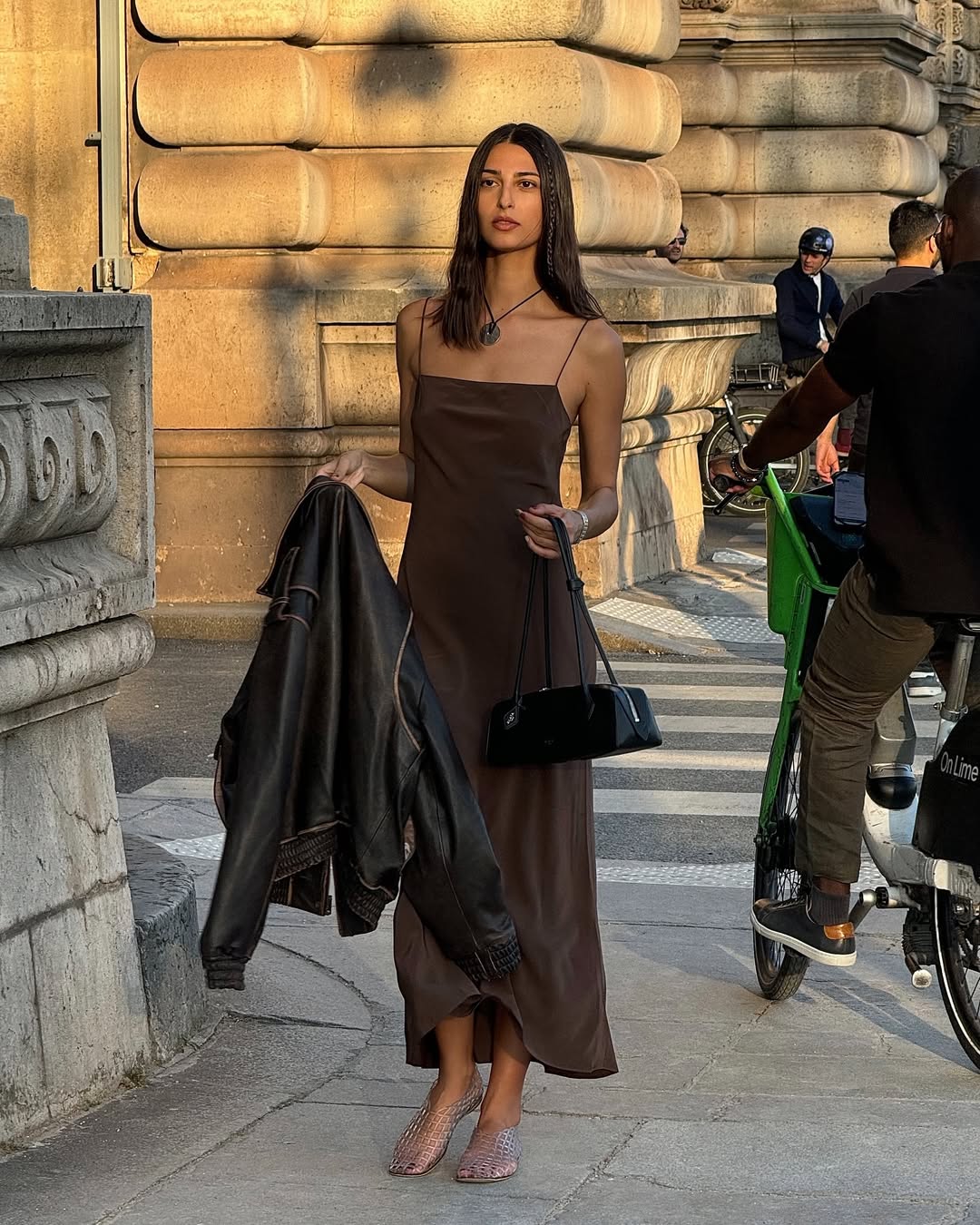 Salome in clear jelly sandals and dress