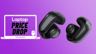 Bose Ultra Open Earbuds in black colorway against purple gradient background