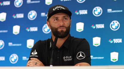 Jon Rahm talks to the media before the BMW PGA Championship at Wentworth