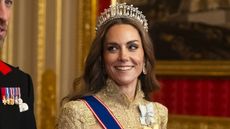 Catherine, Princess of Wales arrives for the State Banquet hosted by King Charles III and members of the Royal Family at Windsor Castle