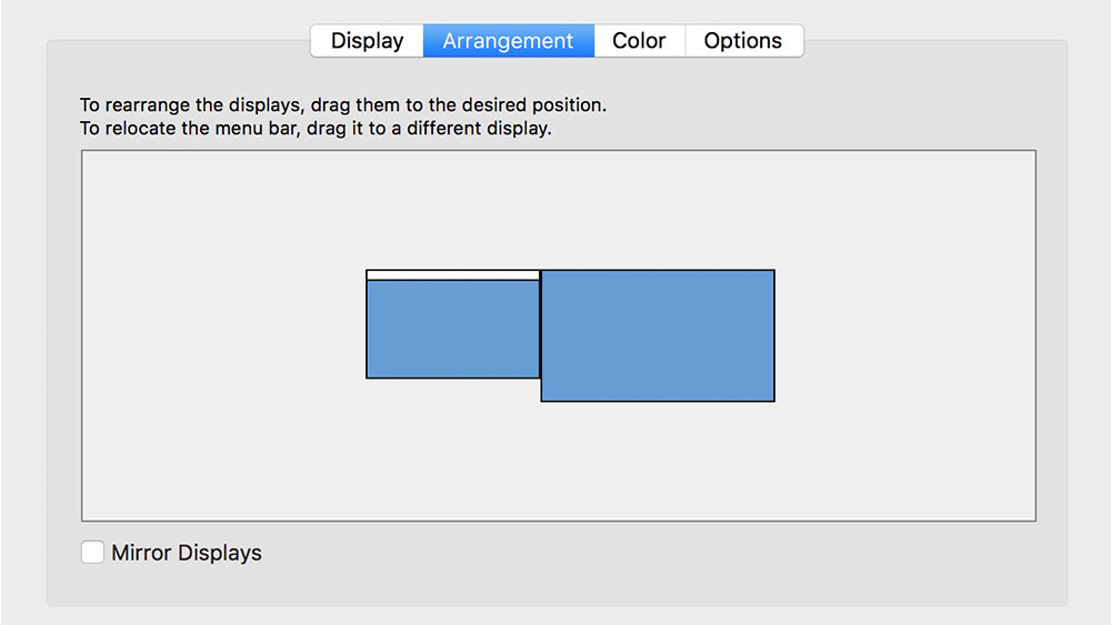 Screenshot of display arrangement settings on the MacBook Pro