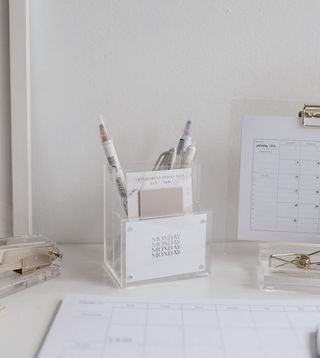 White desk with white accessories