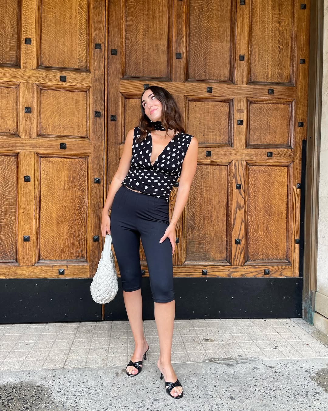 Editor Wearing Cropped Leggings and Polka Dot Blouse